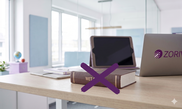 Wetboek doorgestreept naast een laptop met het Zoriva-logo